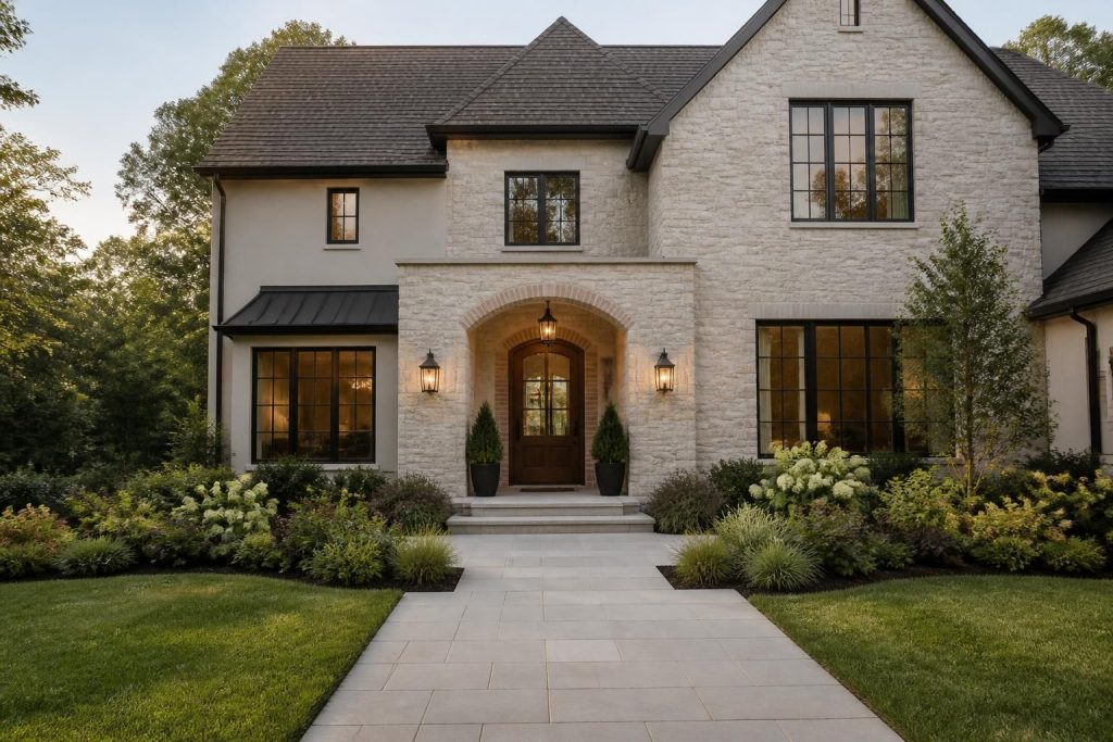 Finished custom home exterior with refined entry details in natural light.