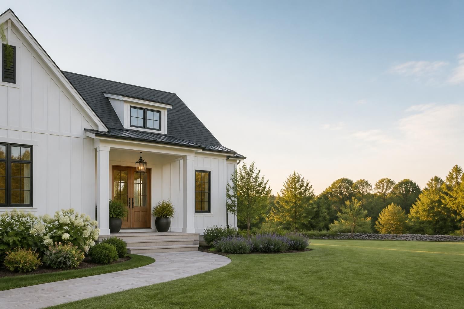 Finished home renovation exterior with open space and calm light.